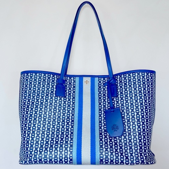 Tory Burch Handbags - Tory Burch Large Bondi Blue White & Cream Colored Gemini Link Canvas Tote